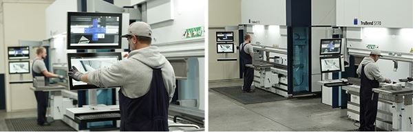 operator programming a metal folding job on an automated Trumpf metal pressing machine